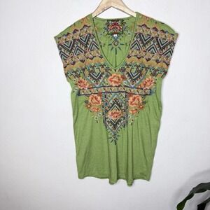 Johnny Was Sentrie Scoop Neck Green Embroidered Top Shirt Women's Small